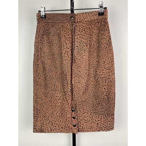 Vintage G-III Global Identity Brown Animal Print Leather Pencil Skirt Size 3/4 - Picture 1 of 9